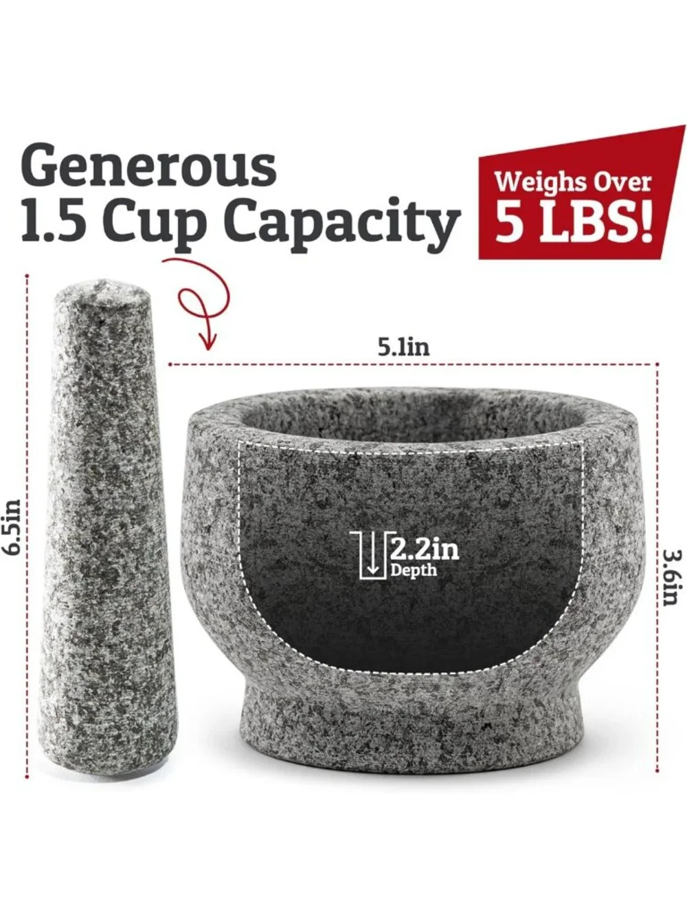 Natural Granite Mortar and Pestle Set - 1.5 Cup, 5.1